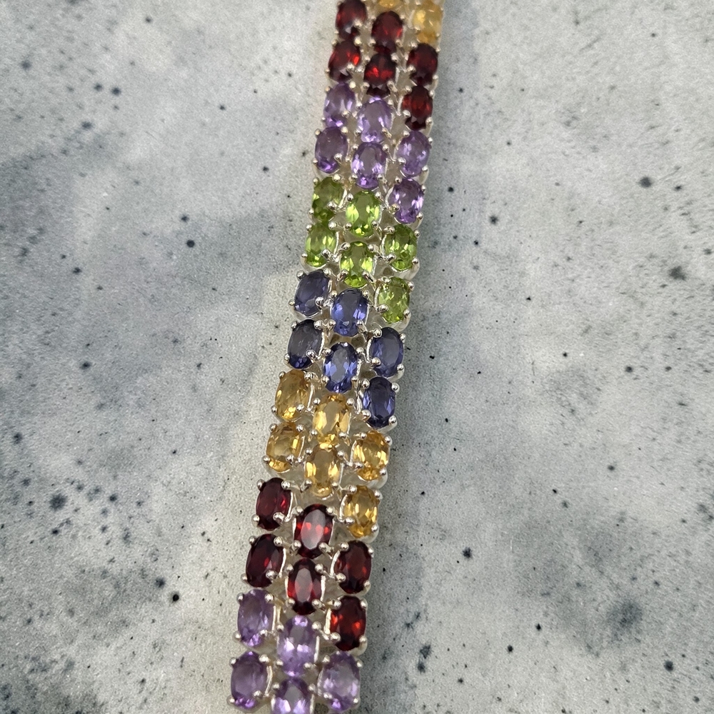 Sterling Silver 925 Rainbow Gemstone Tennis Bracelet Crown Mark 6.75” Estate - Picture 6 of 10